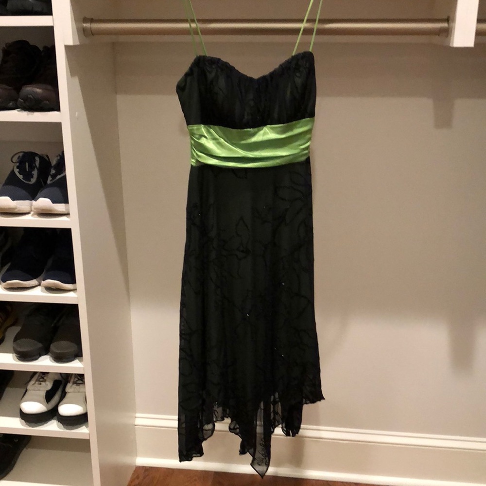 Dark green dress with lime sateen sash